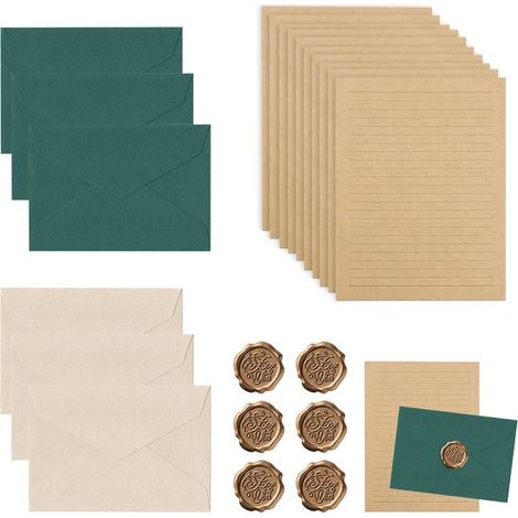 Set di cancelleria da 22 pezzi: carta vintage, buste vintage, set di carta kraft con carta da lettere e buste. Buste extra spesse con finiture in lino. (1/5)