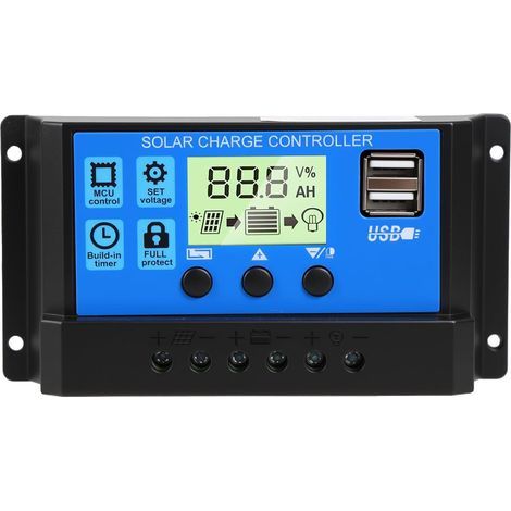 30A PWM Regulateur de Charge Solaire, 12V/24V Contrôleur de Charge Régulateur Solaire avec Écran Lcd Réglable, 5V 2 Port Usb, Paramètre Automatique, Regulateur de Charge pour Acide de Plomb (1/5)
