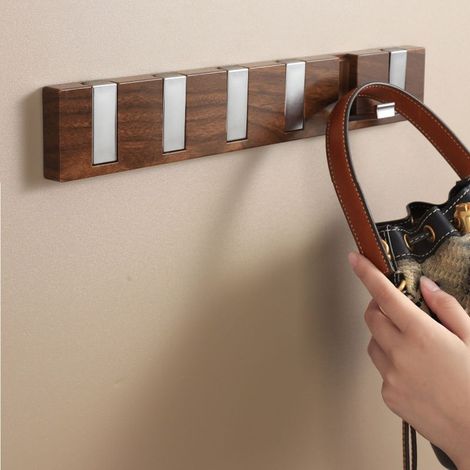 Porte-manteau mural moderne et peu encombrant avec crochets rabattables, idéal pour l'entrée, le couloir, le salon ou la chambre. Couleur bois (1/5)