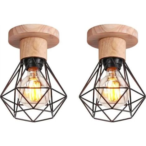 U-DO 2Pcs Plafonnier en Bois/Fer Vintage Lampe Exquis Noir Lustre Plafonnier Intérieur Industriel pour Cuisine Bureau (1/4)
