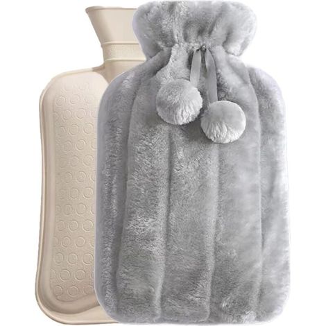 Thermos confortable en fausse fourrure, thermos de 2 litres avec couvercle, grand thermos pour soulager les douleurs du dos, du cou et des épaules pour des nuits chaudes et confortables (gris) (1/4)