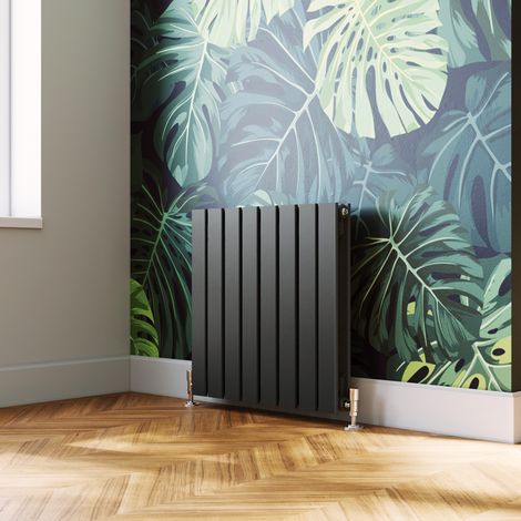 ELEGANT Anthracite Horizontal Radiator 600x608mm Double Flat Panel Radiator Designer Heater with Chrome Thermostatic Radiator Valves (1/5)