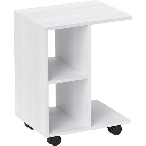 Table d'appoint en forme de C, table basse, bureau d'angle, sur roulettes, panneaux de particules E1, 45 x 35 x 58 cm, blanc (1/5)
