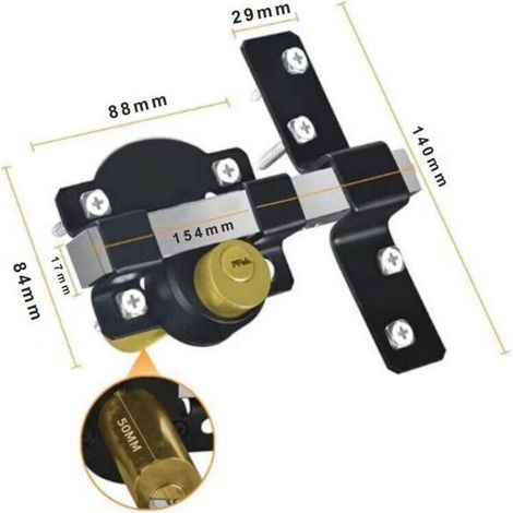 Verrou de portail longue portée, 70 mm, double verrouillage, acier inoxydable, pour portails en bois, 5 clés (1/2)