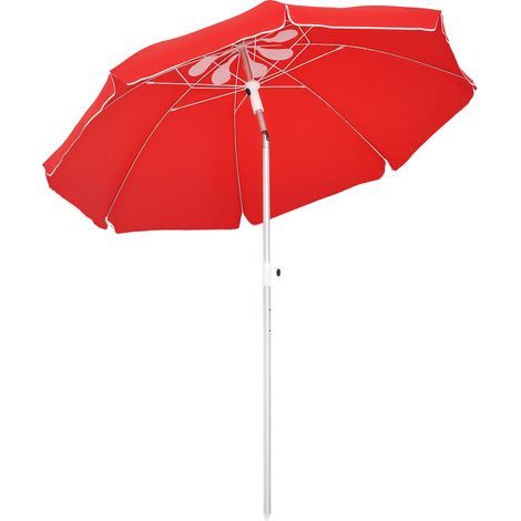 Parasol de plage parasol inclinable octogonal Ø 180 cm tissu polyester haute densité anti-UV hauteur réglable mât aluminium sac de transport inclus rouge (1/5)