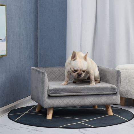 Sofá cama para perros PawHut, diseño escandinavo, cojín suave, patas de madera maciza, dimensiones: 64 x 45 x 36 cm, terciopelo gris.