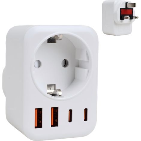Adaptateur de voyage 5 en 1 UE vers UK avec 4 USB (2 USB-C), adaptateur de prise anglaise 3250 W avec fusible 13 A BS1362, prise de voyage Schuko pour Londres, Irlande, Dubaï, blanc (1/5)