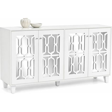 Credenza bianca con superficie a specchio, 4 ante, ripiano interno mobile e maniglie effetto cristallo, 160 x 40 x 84 cm, per soggiorno e ingresso  CHICFURN (1/5)