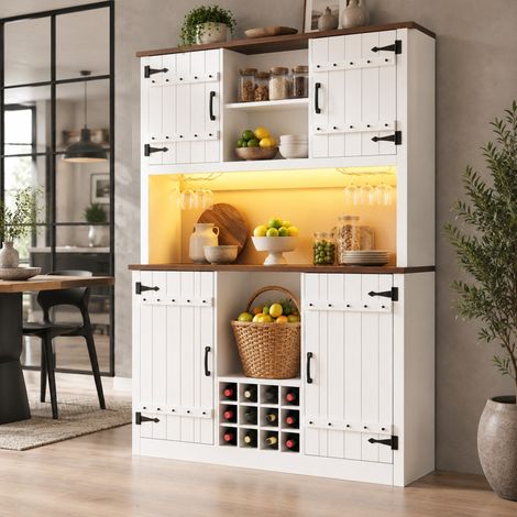 Aparador alto de cocina con puertas estilo granero y LED RGB, blanco, 120 cm (1/5)