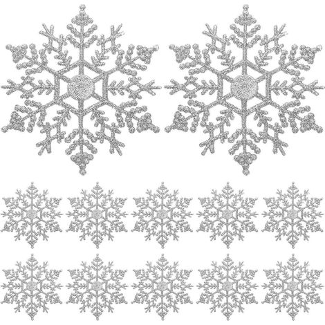 12 décorations de flocons de neige en plastique de 10 cm pour sapin de Noël (argenté) (1/3)
