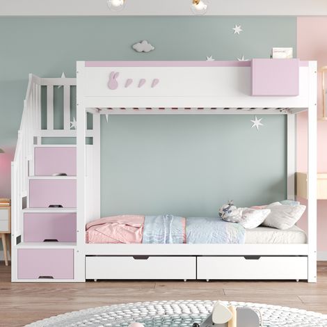 Letto a castello in legno bianco e rosa 90x200 cm con doghe, cassetti, scala contenitore e ripiano removibile (1/5)