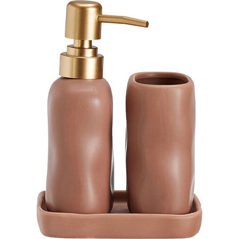 Badezimmerset EON, Keramikspender mit goldener Pumpe, Becher und Tablett