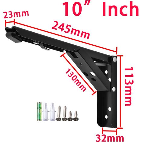 (10 pouces Noir-FR) 2 supports d'étagère pliables noirs, robustes et blancs, avec quincaillerie pour étagère pliable, pour table, travail, camping-car, gain de place. (1/5)