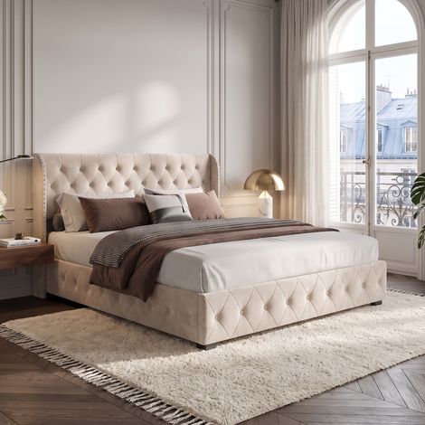 Lit 140x190 avec sommier,  lit 2 places avec rangement, cadre de lit coffre double 140x190, Velours, Beige (1/5)