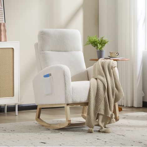 Fauteuil à bascule 75x63x104 cm tissu peluche blanc, poche latérale, pour chambre bébé – MEUBLIV (1/5)