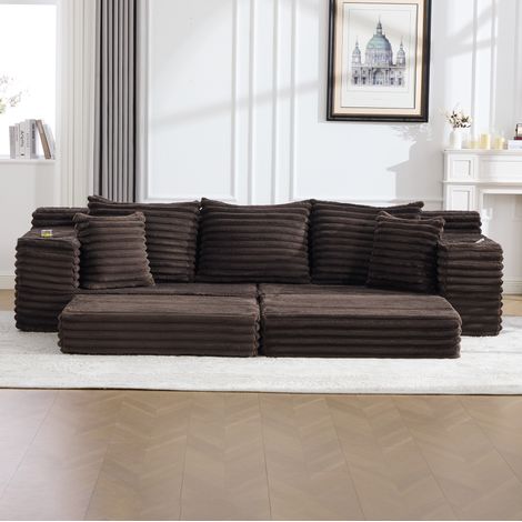 Canapé convertible 273x98x87 cm café en velours côtelé avec dossier haut, poches latérales et porte-gobelets (1/5)