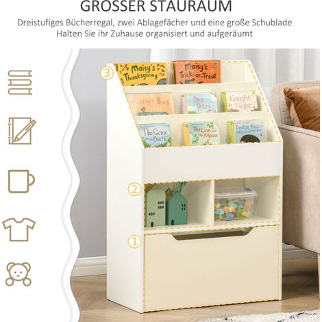 Étagère pour enfants avec tiroir, bibliothèque à compartiments, 60 x 29,9 x 90 cm, Blanche (1/5)