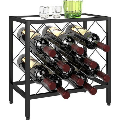 Porte-bouteilles vin 10 bouteilles acier noir plan verre trempé 41x22x41 cm (1/5)
