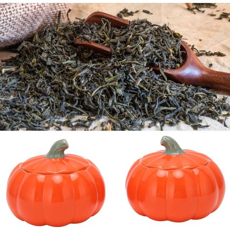 Lot de 2 pots à thé en céramique en forme de citrouille, avec couvercle hermétique, couleur orange, pour la cuisine. (1/5)