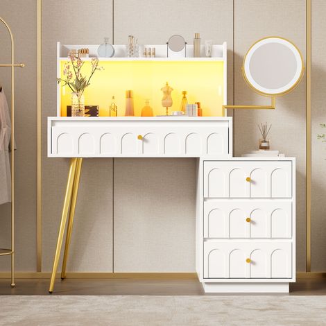 Coiffeuse avec miroir LED pivotant et portes coulissantes en verre, set avec 4 tiroirs spacieux, blanc, 112×40×116 cm