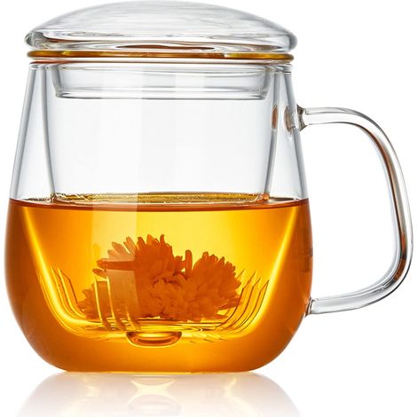 Tasse à thé en verre avec couvercle transparent et infuseur, 520 ml, Tasse épaisse et durable pour les amateurs de thé pour infuser du jasmin en vrac, thé vert et noir (1/5)