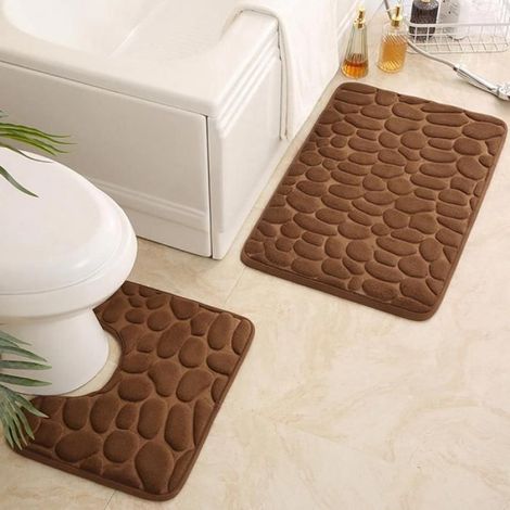 Tapis De Toilette - Motif Pierre En Relief - Absorbant Et Antidérapant - Pour Porte De Salle De Bain - 2 Pièces - Chocolat