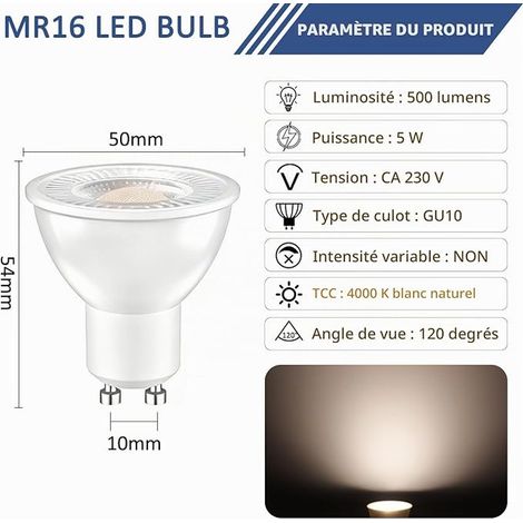 Ampoule LED GU10 Spot, 5W Équivalent 50W, 500 Lumens, Blanc Neutre 4000K, AC 220-240V, MR16 LED Spot, 120° Larges Faisceaux, Non-Dimmable