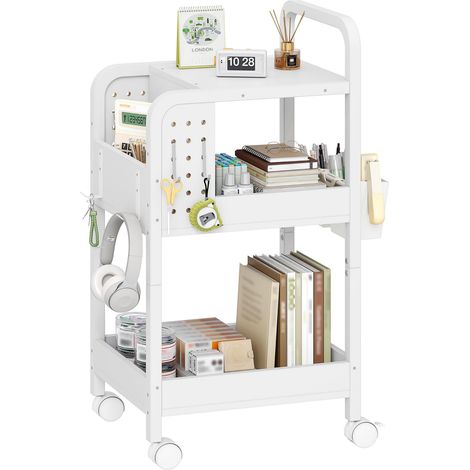 Chariot de Rangement à 3 Niveaux, Chariot en métal, 6 Crochets, 2 Paniers de Rangement, Étagère de Cuisine, pour Les Cuisines, Les Salons, Les Bureaux et Les Salles de Bains, Blanc (1/5)