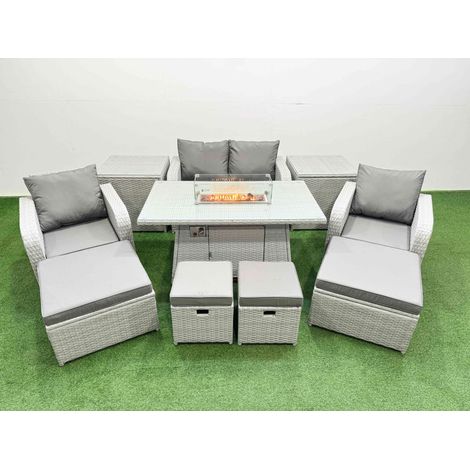 Fimous PE Rattan Lounge Sofa Set 8 Seater Outdoor Garden Furniture Set with Gas Firepit Table Love Sofa 4 Footstools 2 Side Tables Light Grey (1/4)