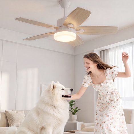 JOOKGBD-Ventilateur de plafond plat ultra silencieux, lumière LED tricolore 3000K-6500K, fonction réversible été/hiver, 6 vitesses, télécommande minuterie 1/4/8h pour chambre salon - Bois naturel (1/5)