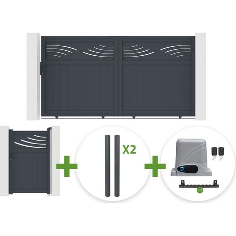 Portail coulissant 3m HALTI H.160cm aluminium gris + 4 poteaux ELDA + Portillon 1m HALTI H.160cm aluminium gris + motorisation Ranger C300 (1/5)