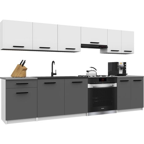 Belini ITALIA 2 Cuisine Equipée Modulaire Complète - 240 cm. Meubles Hauts Bas avec Plan de Travail, Blanc Mat/Gris (1/5)