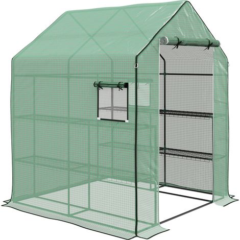 Serre de jardin 4 tablettes porte fenêtre acier PE haute densité vert (1/5)