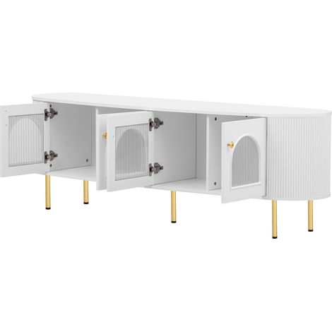 Mueble TV con 4 Puertas de Cristal y Pasacables, Tiradores y Patas Doradas, Estilo Elegante, 170×35×55 cm, en MDF, Blanco+Oro (1/5)