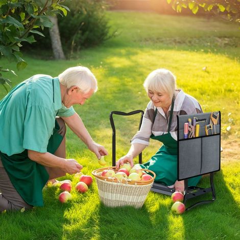 Repose-genoux pliable pour jardinage, tabouret de jardin avec coussin pour genoux, poches à outils, support jusqu'à 150 kg, 58 x 28 x 49 cm, gris (1/5)