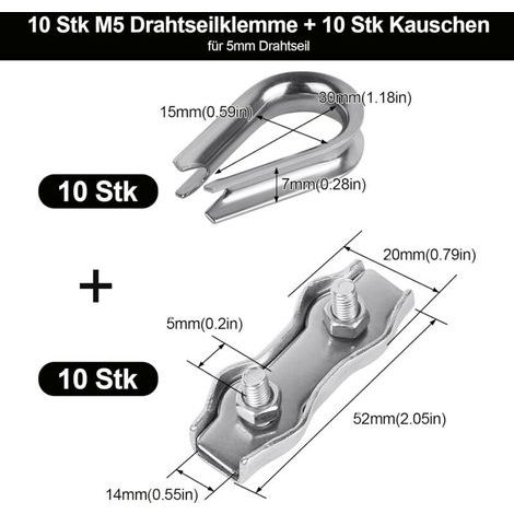 10 Pièces Serre Cable Acier 5mm + 10 Pièces Câbles Cosses, en Acier Inoxydable 304 Pour Cable Acier 3-4mm, Corde à Linge (1/3)