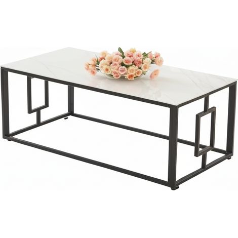Table Basse SOPHIE Pieds Métal Noir Plateau Verre Trempé Marbré Blanc 120x60x45cm (1/5)