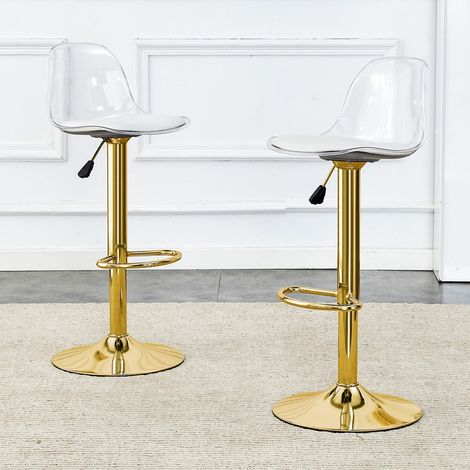 2er-Set höhenverstellbare Barhocker – 82–104 cm – transparente Rückenlehne und goldfarbene Beine – moderner Luxus-Stil