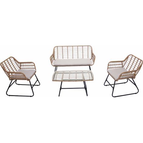 Concept-Usine – Salon de jardin 4 places en rotin et acier – Ensemble 1 table rectangulaire, 2 fauteuils, 1 canapé – Coussins gris clair inclus