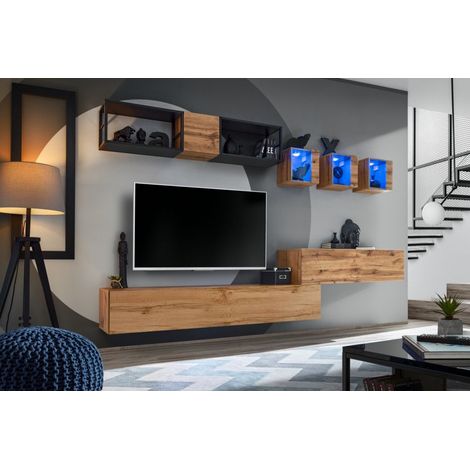 Ensemble meuble TV mural Switch Met III - L 280 x P 40 x H 170 cm - Marron - Livraison gratuite