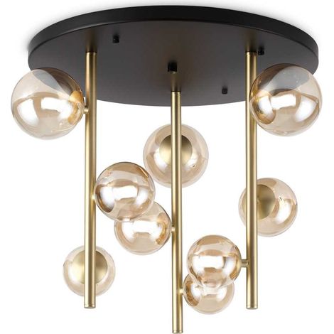 Ideal Lux PERLAGE 9-flammige Kugel-Deckenleuchte aus Messing, bernsteinfarbener Glasschirm (1/2)