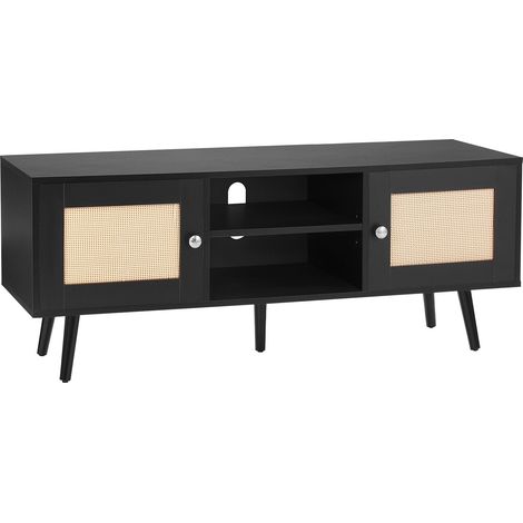 Schwarzer TV-Ständer aus Rattan für 55-Zoll-Fernseher, TV-Sideboard im Bohème-Stil mit verstellbaren Regalböden, TV-Konsole im Vintage-Stil für Wohnzimmer und Medienraum (1/5)