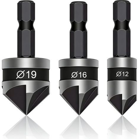 Lot de 3 forets coniques à tige hexagonale de 6,35 mm, 5 cannelures, centre à 90 degrés, 12 mm, 16 mm, 19 mm pour travail du bois, perceuse à bois, métaux doux (noir) (1/4)