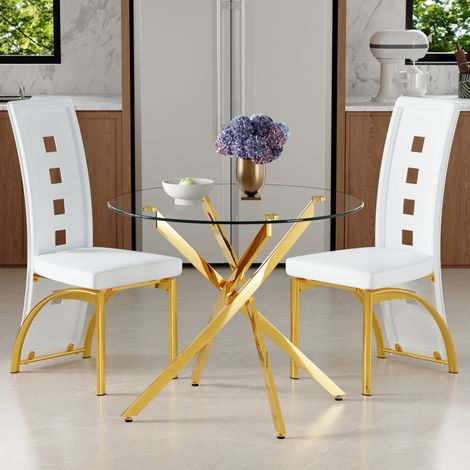 Set de comedor de cristal templado y PU, 2 plazas, blanco y dorado, compacto y moderno (1/5)