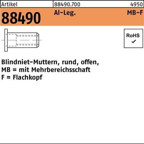 Écrou à sertir en aveugle R 88490 FLAKO M6/0,5 - 6,0 aluminium 500 pièces