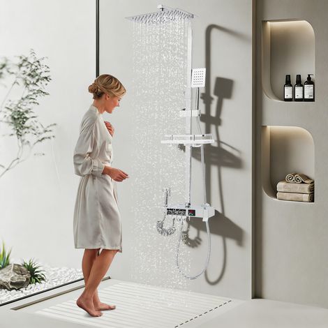 Colonne de douche 4 fonctions – Thermostatique, LED hydroélectrique, 3 modes douchette – Avec pomme de pluie, pistolet, robinet, panier