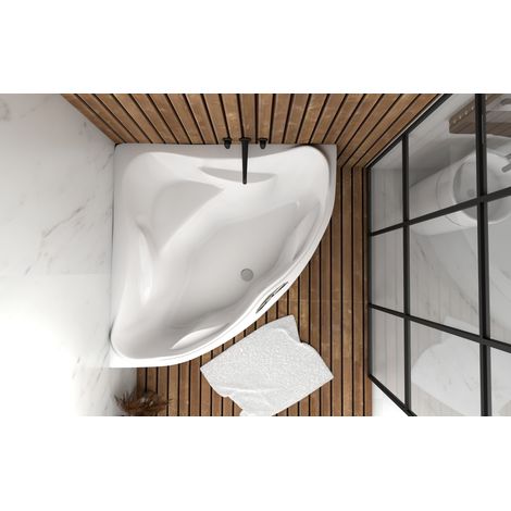 ECOLAM® symmetrische Badewanne Eckwanne 134x134 cm Ewa Acryl weiß + Wannenträger Styropor zum Verfliesen + Handgriff Chrom Ablaufgarnitur Ab- und Überlauf Automatik Füße Silikon Komplett-Set