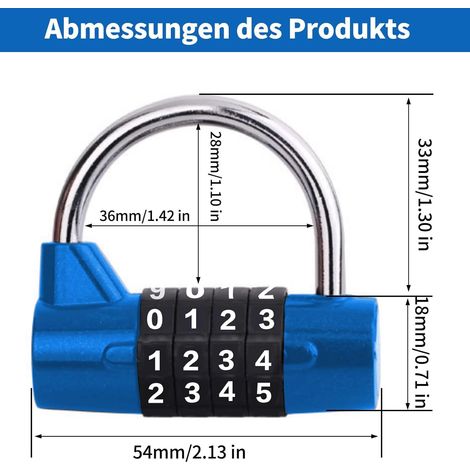 Lucchetto con combinazione a 4 cifre (blu) – Lucchetto con combinazione innovativo con codice numerico e funzione di reset, impermeabile e antiruggine, robusto lucchetto di sicurezza per scuola, pales (1/4)