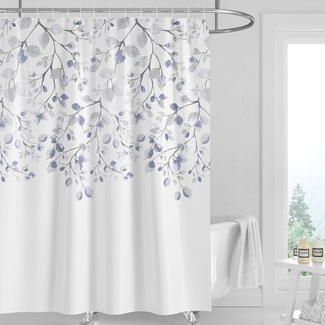 Tenda da doccia con foglie blu strette, fiori vintage, tessuto in poliestere antimuffa e impermeabile, fiori ad acquerello e foglie di eucalipto, bagno (1/5)