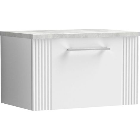 Belvide Partial Fluted 1 Drawer Wall Hung Vanity Unit with Bellato Grey Laminate Worktop - 600mm - Satin White